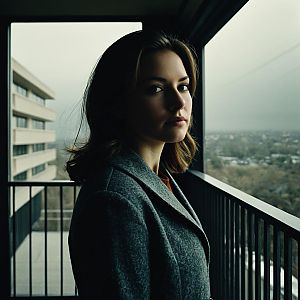Cinematic Portrait of Woman on Urban Balcony with Foggy City View