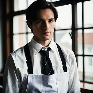 Young Man in White Shirt and Apron by Window