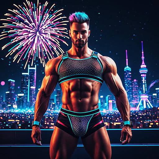 Muscular Man in Neon Mesh Outfit with Cyberpunk City and Fireworks Background