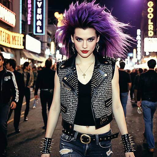 Punk Rock Woman with Purple Hair in Urban Night Scene
