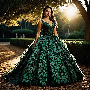 Elegant Woman in Ball Gown in Lush Garden