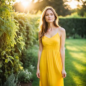 Woman in Yellow Dress in Lush Garden at Golden Hour