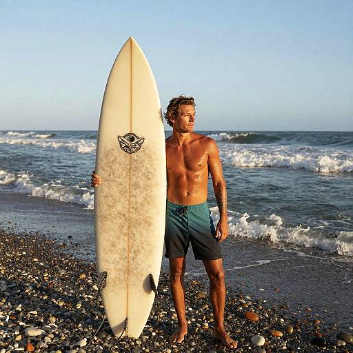 Young Man Holding Surfboard on Beach at Sunset
