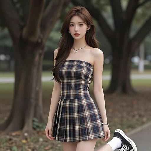 Trendy Gen Z Woman Wearing Plaid Strapless Dress Outdoors