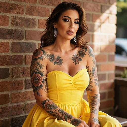 Tattooed Woman in Yellow Strapless Dress Posing by Brick Wall