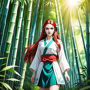 Anime Woman in Traditional Outfit Standing in Bamboo Forest