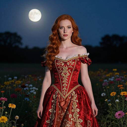 Elegant Woman in Red Victorian Dress Standing in Flower Field at Moonlight