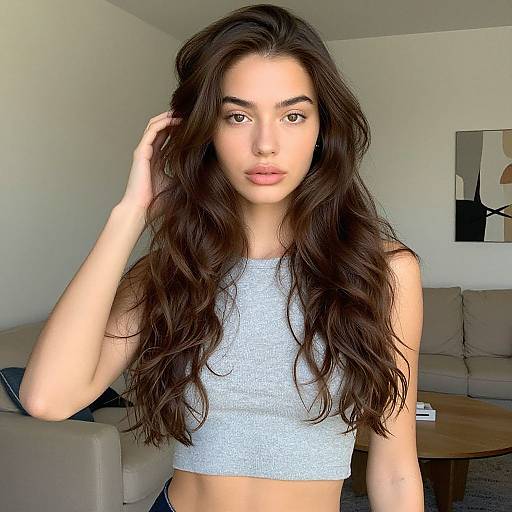 Young Woman with Long Wavy Hair in Minimalist Living Room Wearing Grey Crop Top