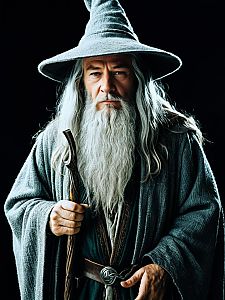 Man in Gandalf Costume Waist Up Studio Portrait Cinematic Lighting