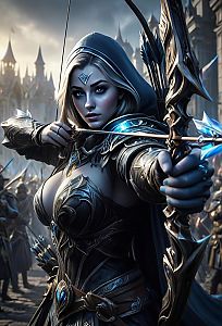 Fierce Woman Warrior with Ornate Bow in High-Fantasy Armor