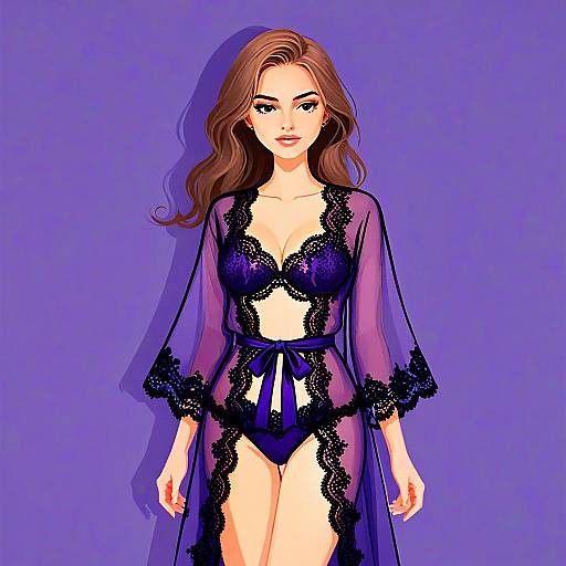 Elegant Woman Wearing Sheer Black Lace Robe and Purple Lingerie Illustration