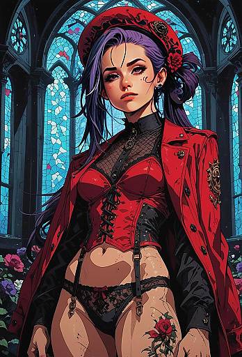 Gothic Victorian Woman in Red Corset with Stained Glass Background Digital Art