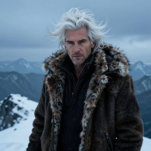 Mature Man in Fur-Lined Coat on Snowy Mountain Landscape