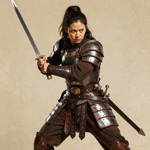 Young Woman in Medieval Armor with Sword Ready for Battle