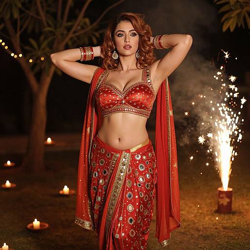 Woman in Red Traditional Indian Lehenga with Fireworks Celebration Outdoors