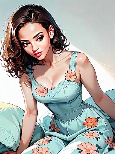 Realistic Digital Portrait of Woman in Bohemian Sundress with Floral Details