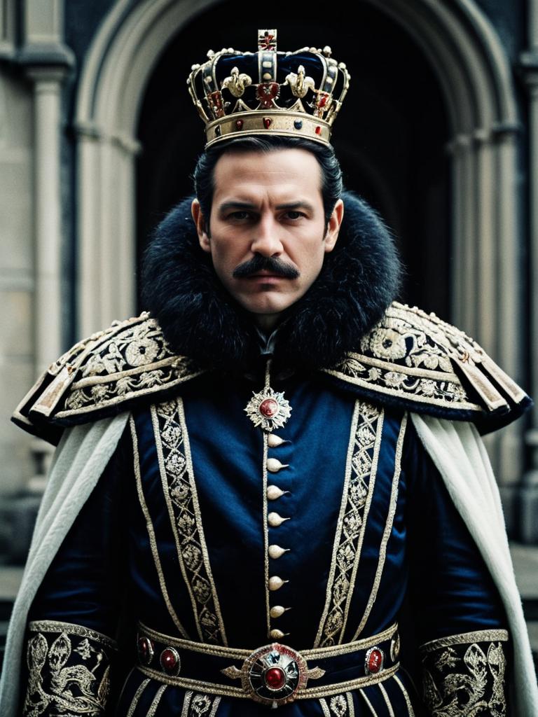 Man in King Outfit Costume Cinematic Realism Sharp Portrait
