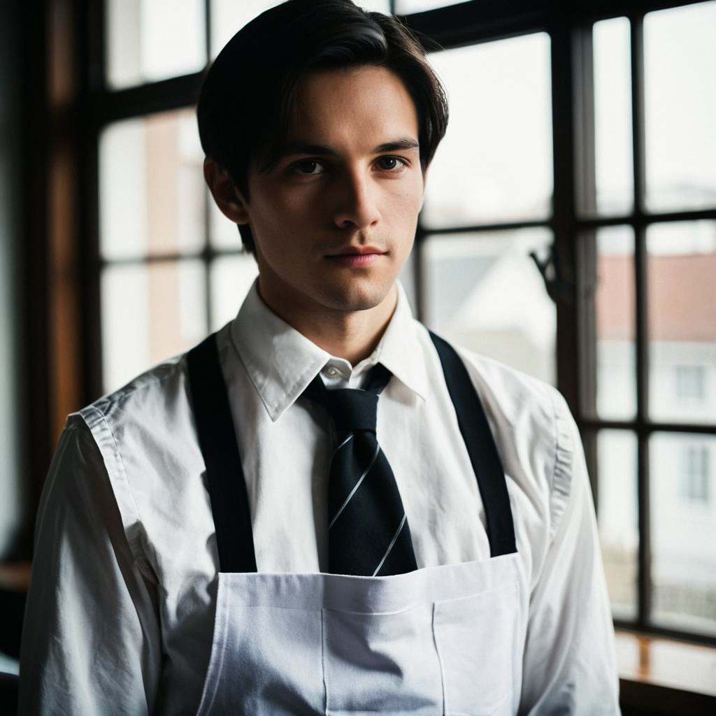 Young Man in White Shirt and Apron by Window