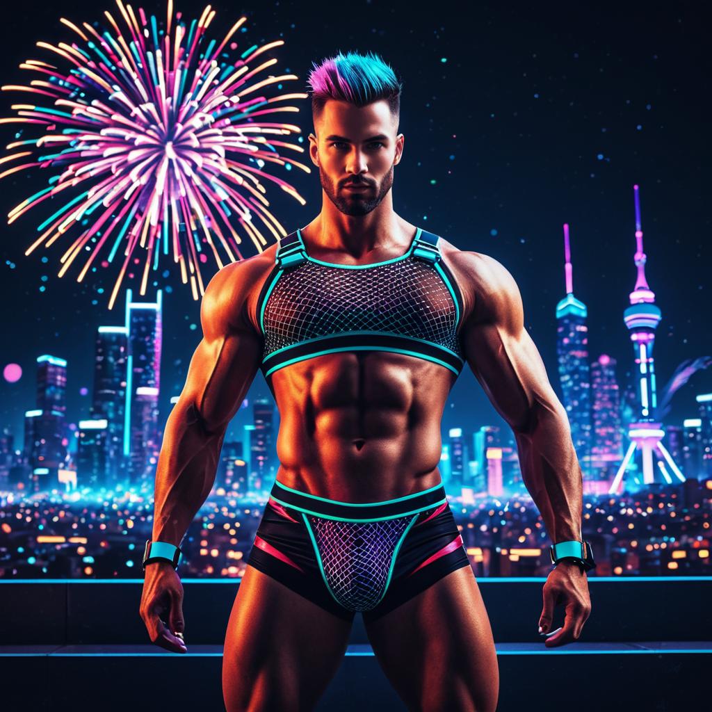 Muscular Man in Neon Mesh Outfit with Cyberpunk City and Fireworks Background