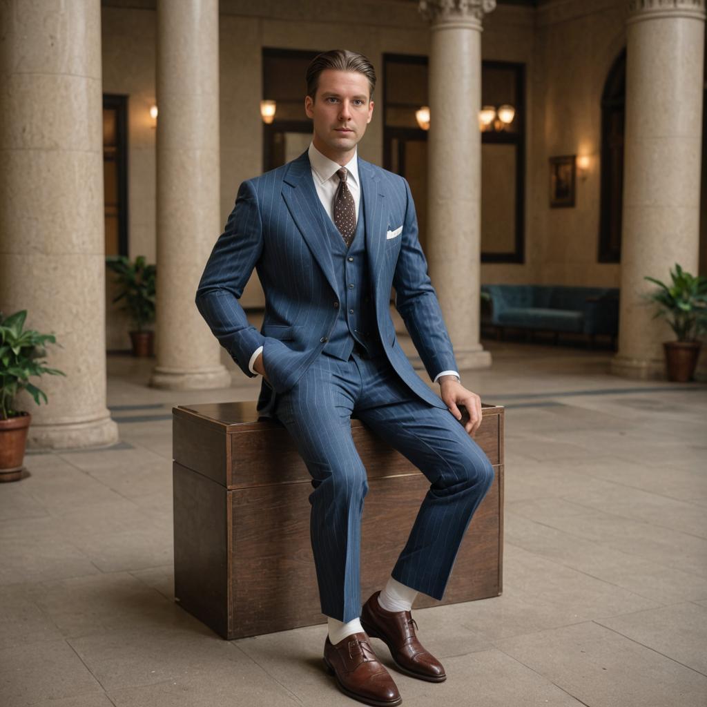 Man in Stylish Blue Pinstripe Suit on Bench