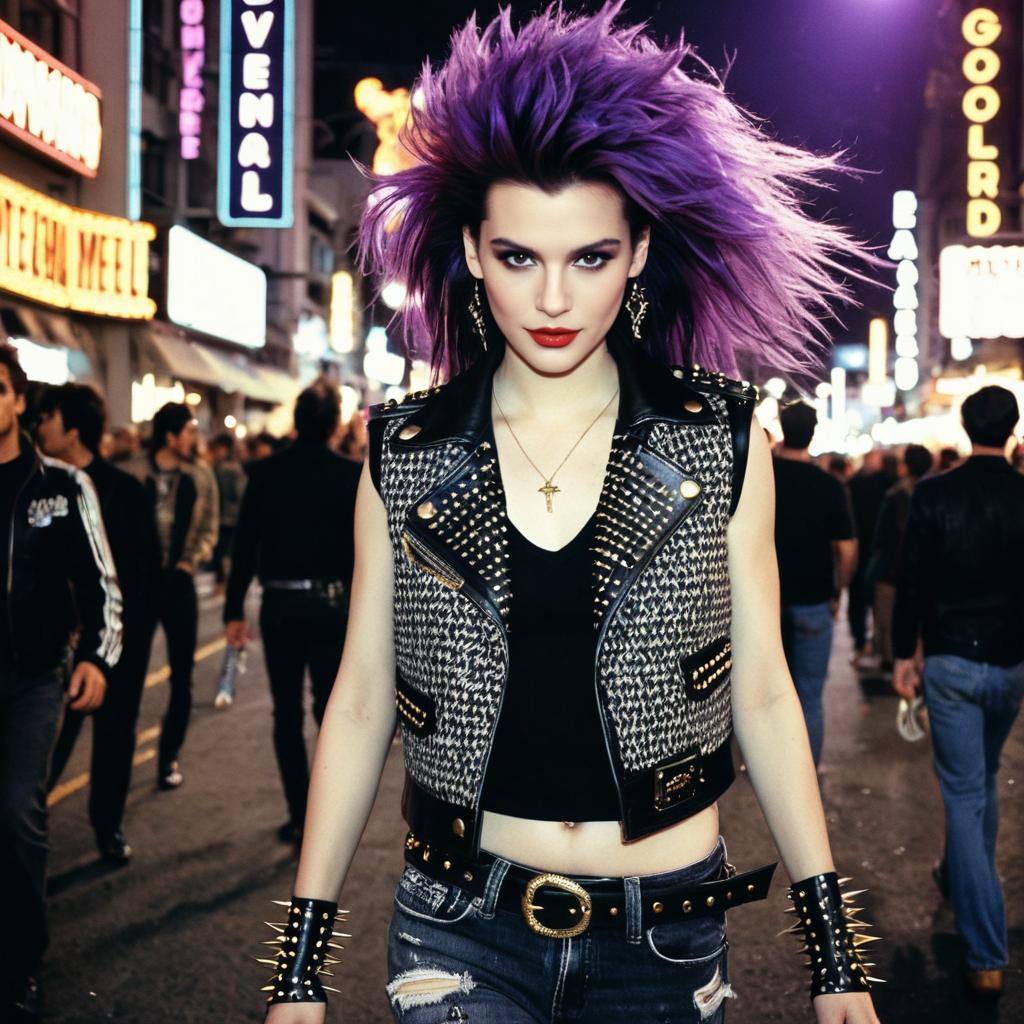 Punk Rock Woman with Purple Hair in Urban Night Scene