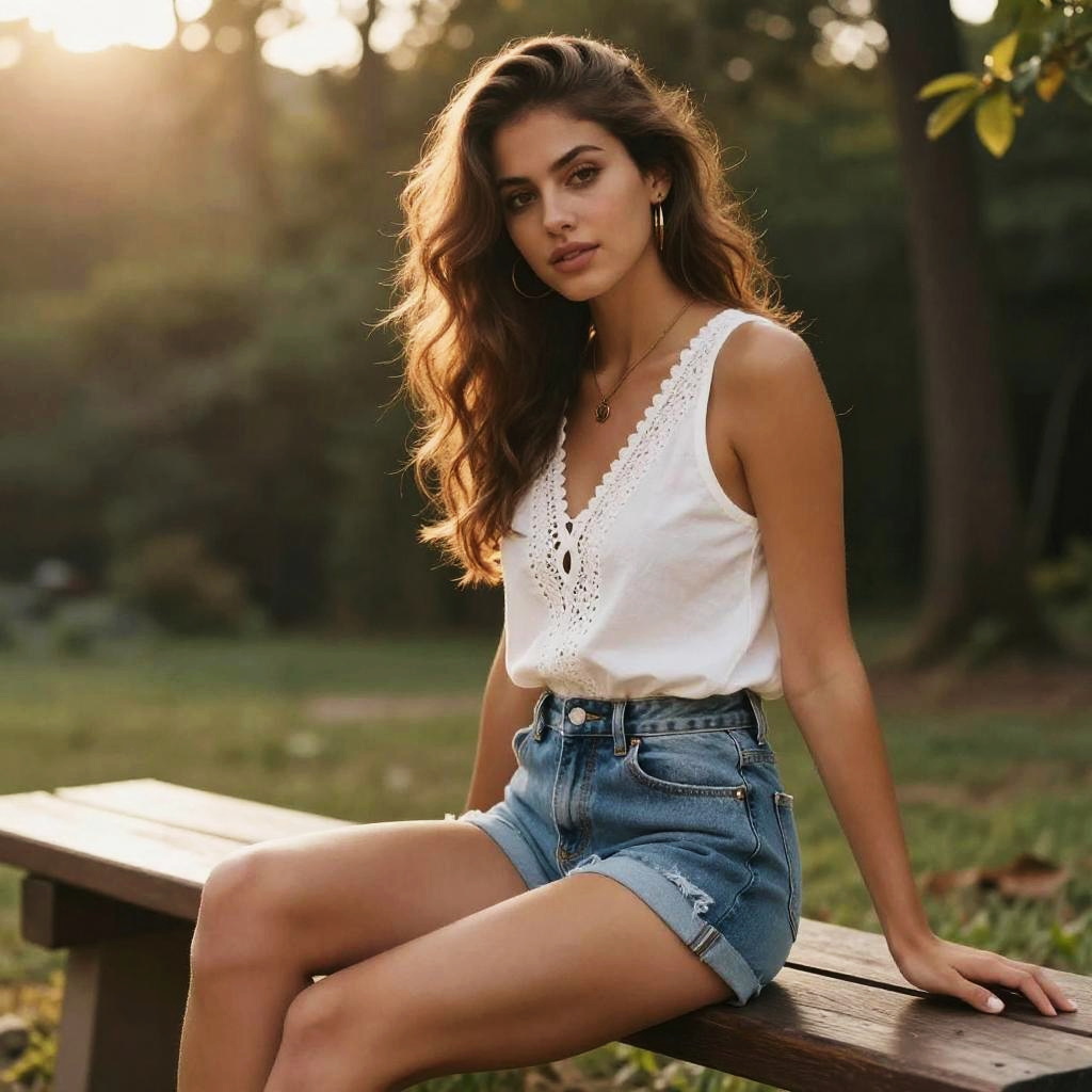 Vibrant Athletic Woman in Casual Bohemian Style Wearing White Top and Denim Shorts