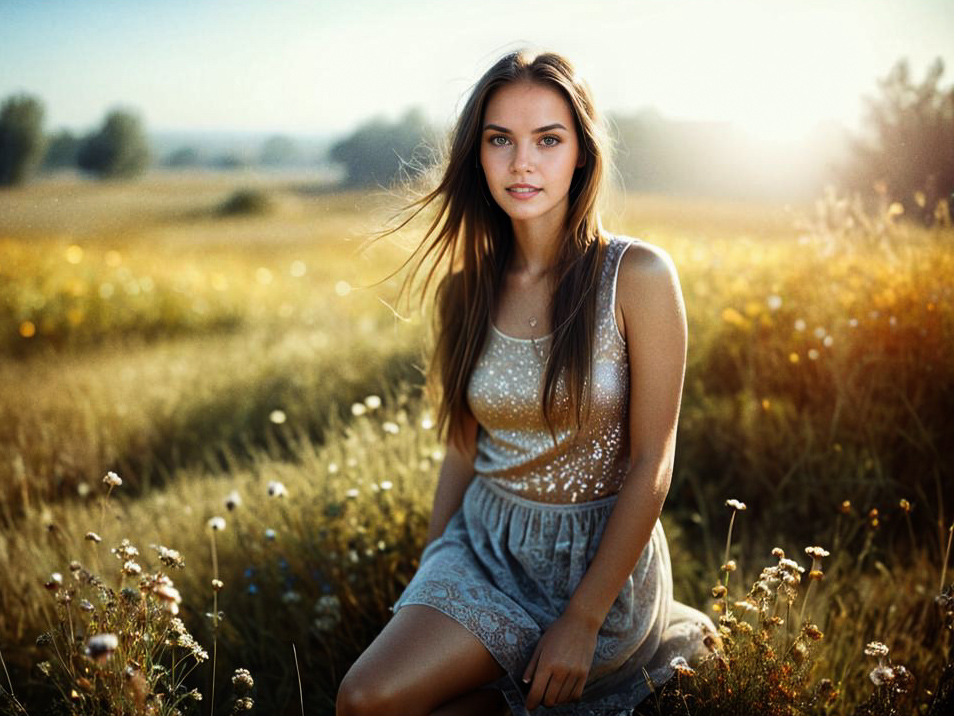 Young Woman in Sunlit Flower Field