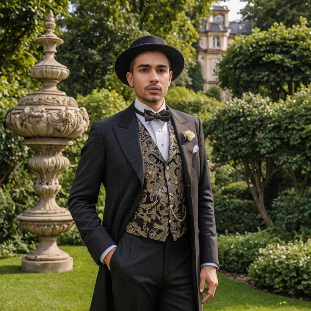 Elegant man in bespoke suit in lush garden