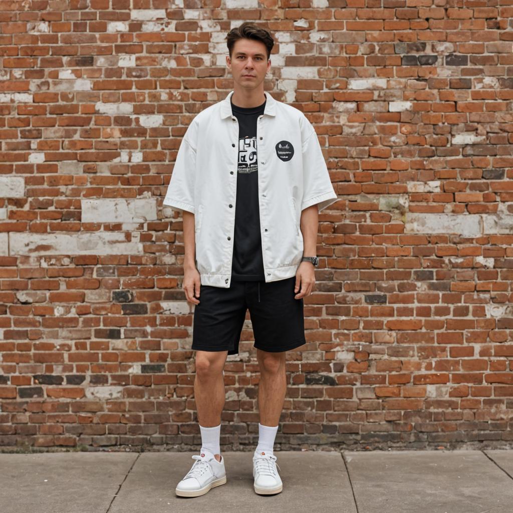 Confident man in casual black and white outfit against brick wall