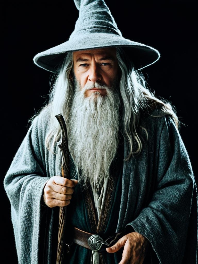Man in Gandalf Costume Waist Up Studio Portrait Cinematic Lighting