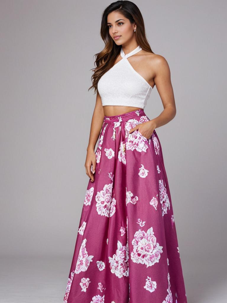 Young Woman in Chic White Crop Top and Pink Floral Skirt