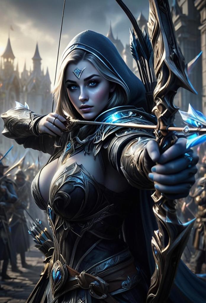 Fierce Woman Warrior with Ornate Bow in High-Fantasy Armor