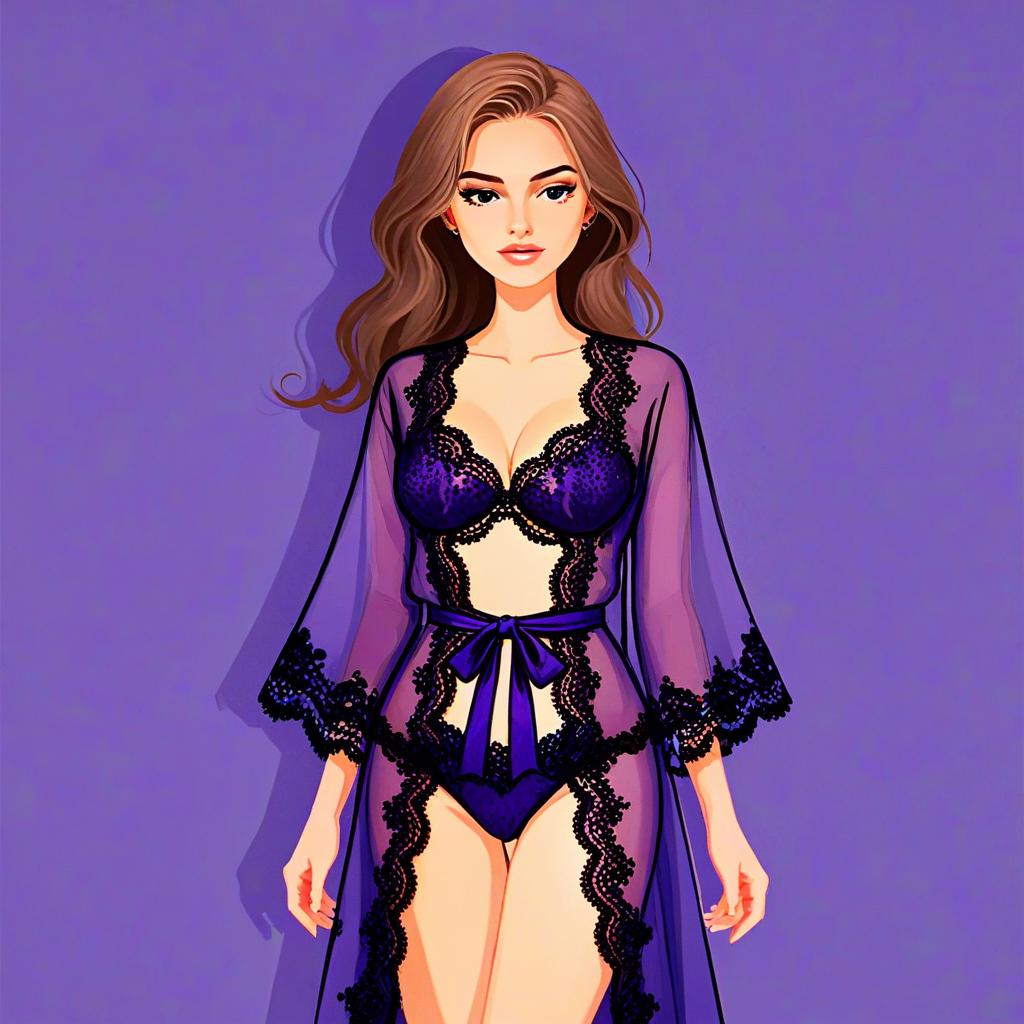 Elegant Woman Wearing Sheer Black Lace Robe and Purple Lingerie Illustration