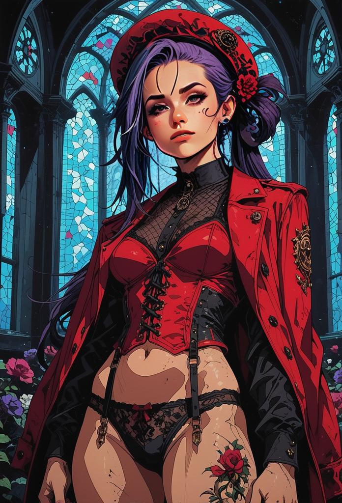 Gothic Victorian Woman in Red Corset with Stained Glass Background Digital Art