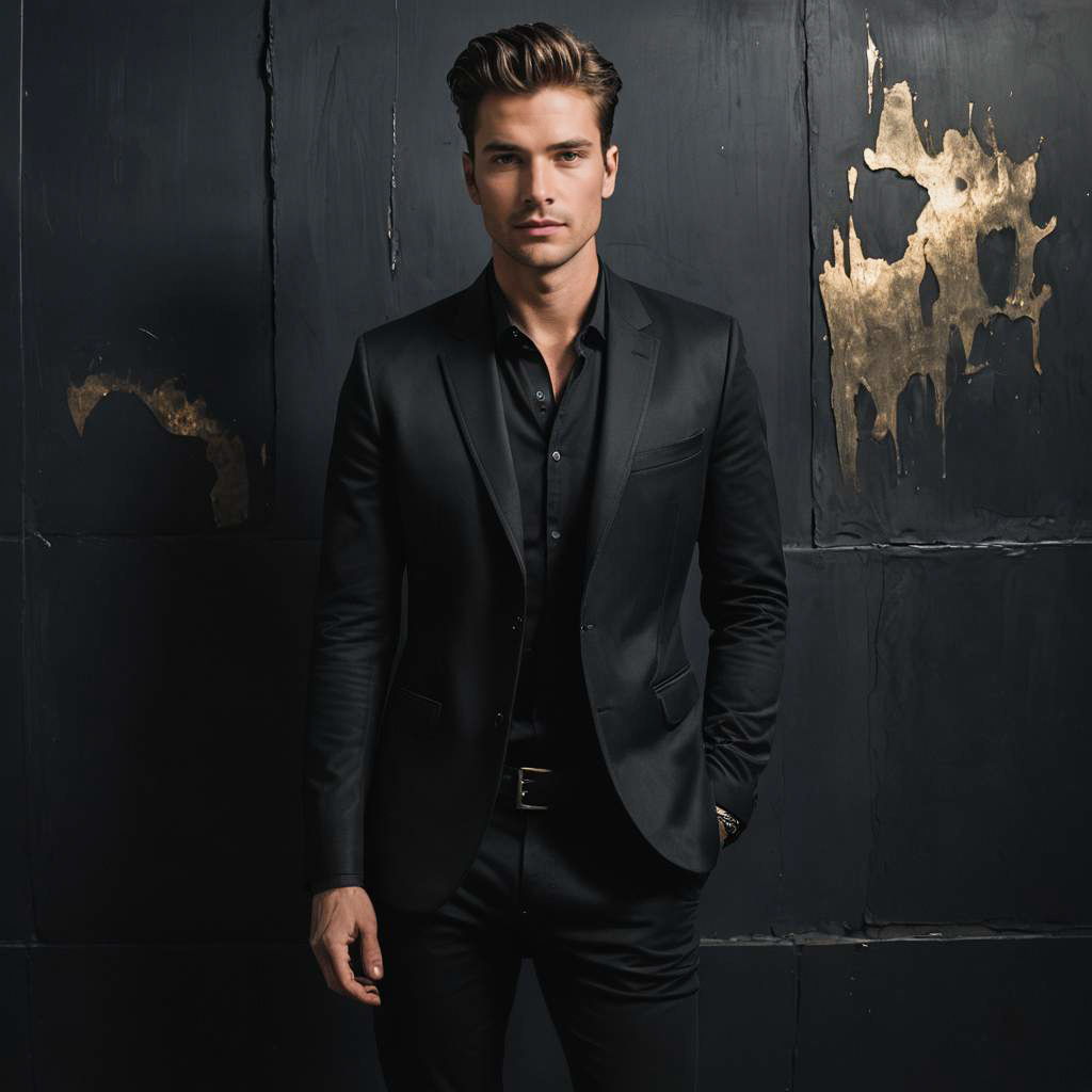 Stylish man in black suit against gold backdrop