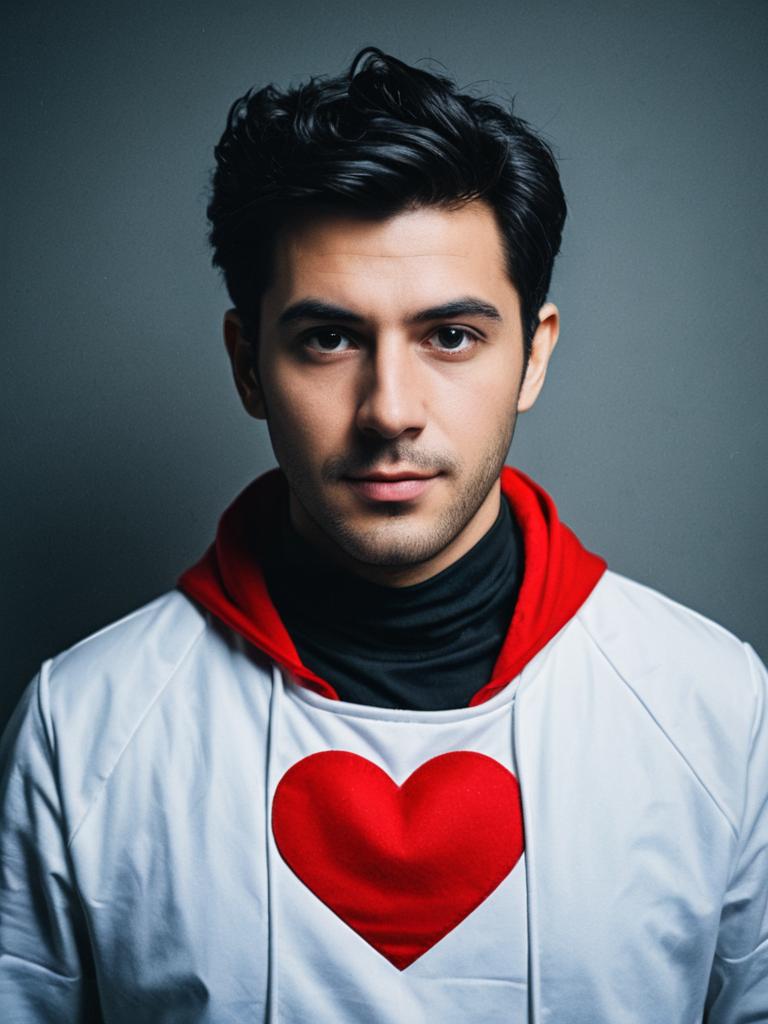 Young Man in Red Heart Costume