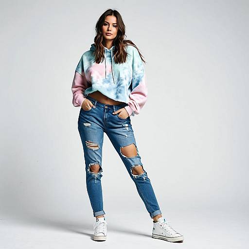 Trendy Woman in Cropped Tie-Dye Hoodie and Ripped Jeans Casual Fashion