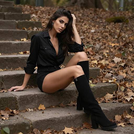 Stylish Woman in Black Outfit Sitting on Autumn Leaves Covered Stone Steps