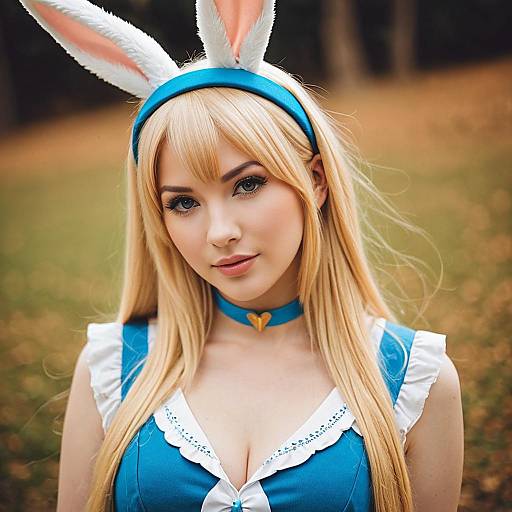 Blonde Woman in Blue Bunny Cosplay Outfit with Headband