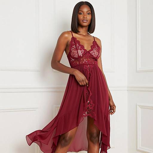 Elegant Burgundy Lace Lingerie Dress on Woman