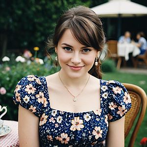 Young Woman in Blue Floral Dress at Garden Tea Party