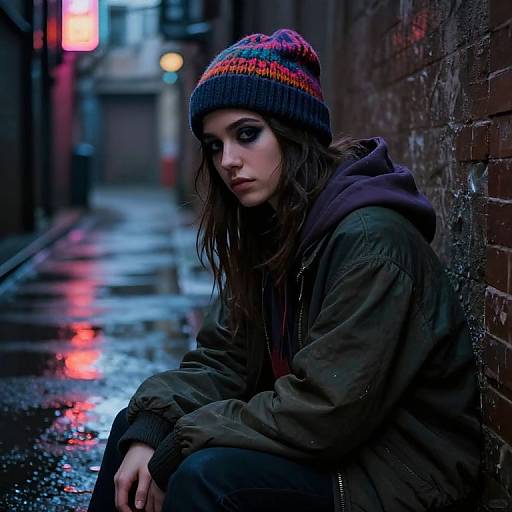 Young Woman in Colorful Beanie Sitting in Neon Lit Urban Alley