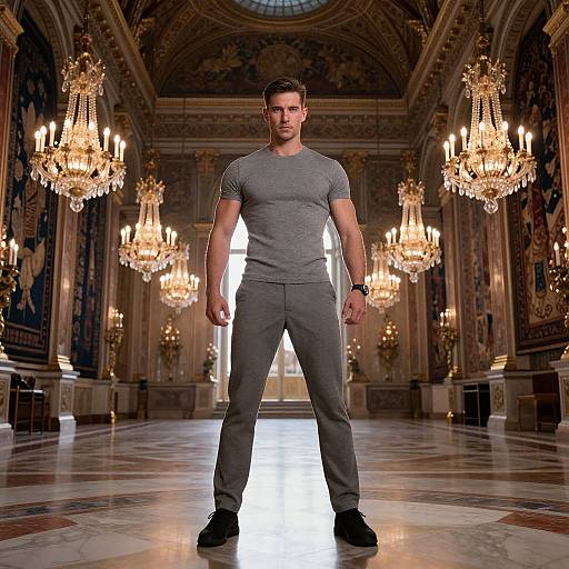 Man in Casual Outfit Standing in Luxurious Ornate Hall with Chandeliers