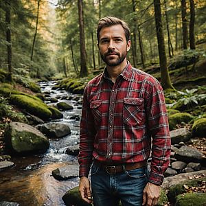 Man by Mossy Stream in Forest