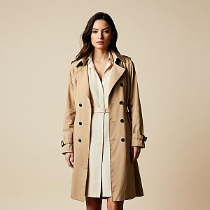 Woman Wearing Classic Beige Trench Coat and Cream Dress on Neutral Background