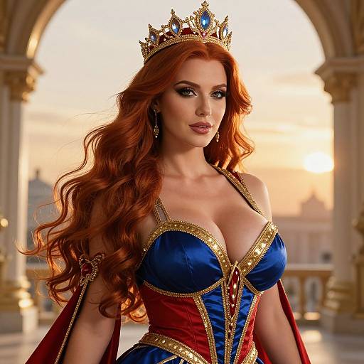Regal Redhead Woman in Ornate Crown and Blue Red Corset Dress