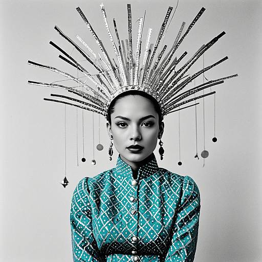 Fashion Portrait of Woman with Metallic Sunburst Headdress and Traditional Teal Dress