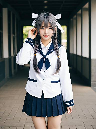 Young Woman in Japanese Sailor School Uniform with Braided Hair
