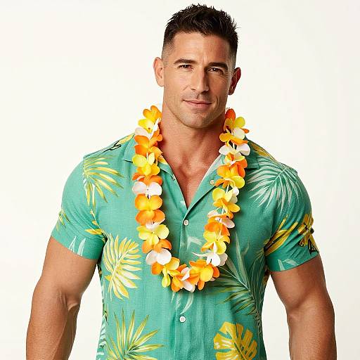 Man in Tropical Hawaiian Shirt with Floral Lei