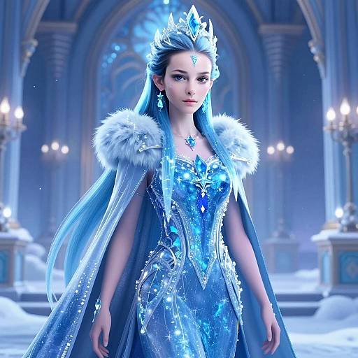Ice Queen Woman in Elegant Blue Fantasy Gown in Icy Palace